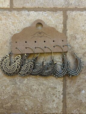 3 Pair Silver Tone Boho Filigree Hoop Dangle Earrings Jewelry Lot